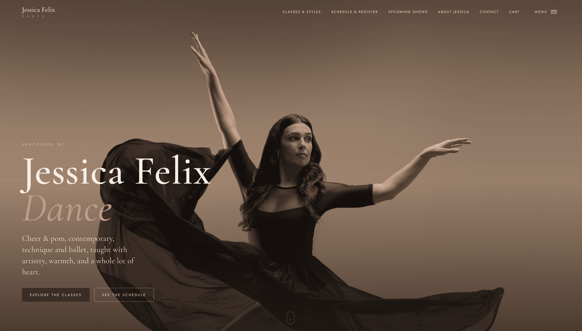 The Jessica Felix Dance homepage, showing a dancer mid movement and the studio's class navigation